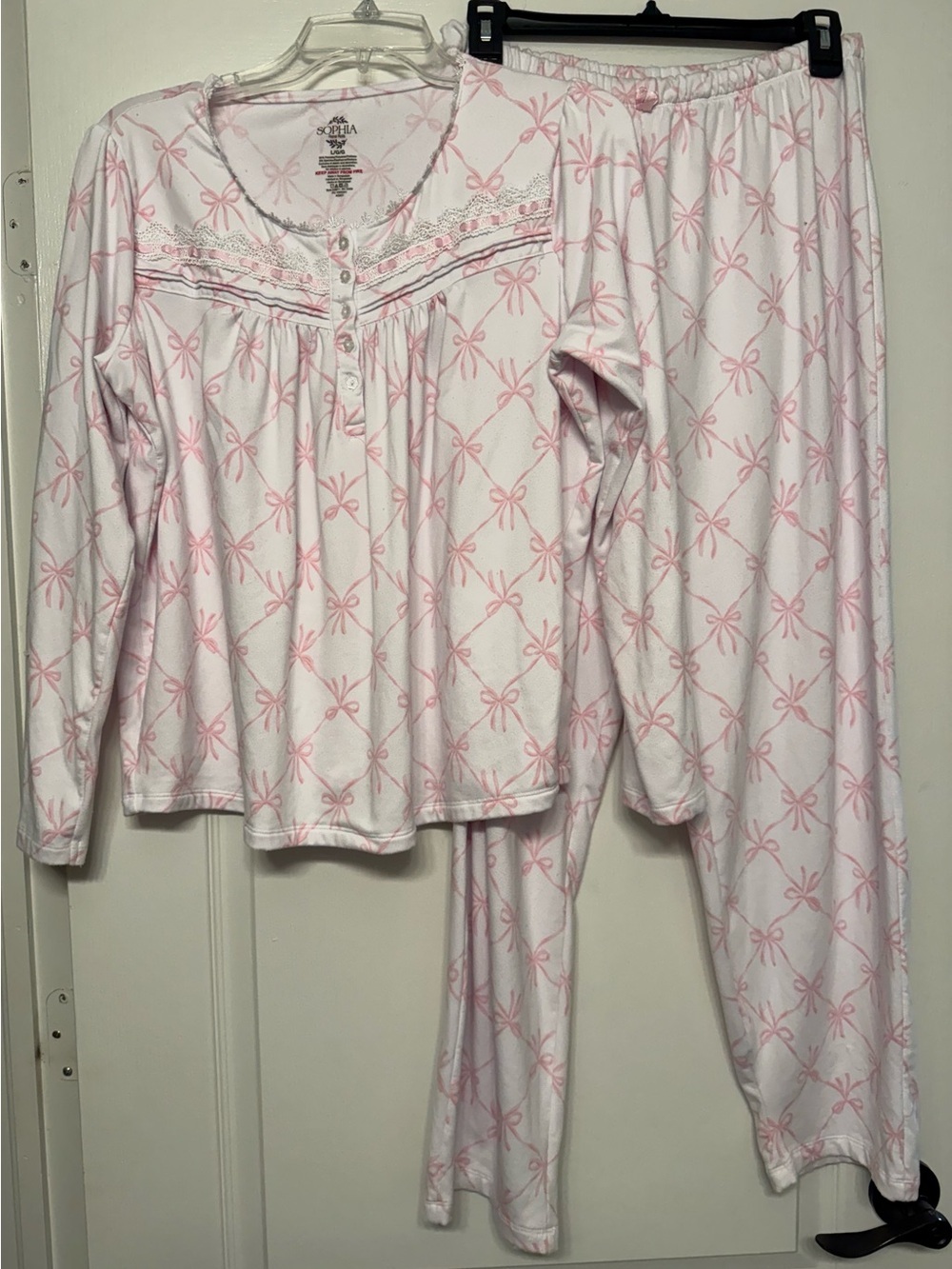 Sophia Rene Rofe Pink Bow Print Pajama Set Women’s Large Cozy Lounge Sleepwear